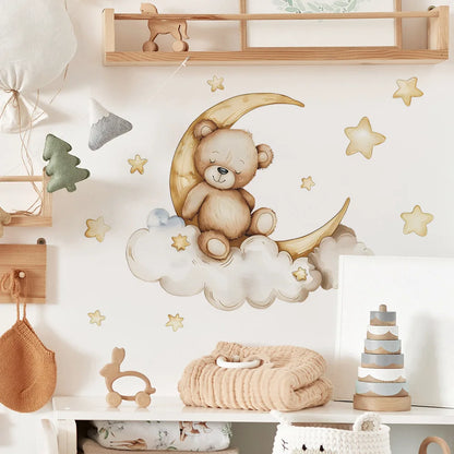 Cute Bear Moon Star Wall Stickers for Kids Rooms Girls Boys Baby Room Decoration Kawaii Cartoon Animal Nursery Wallpaper Vinyl.