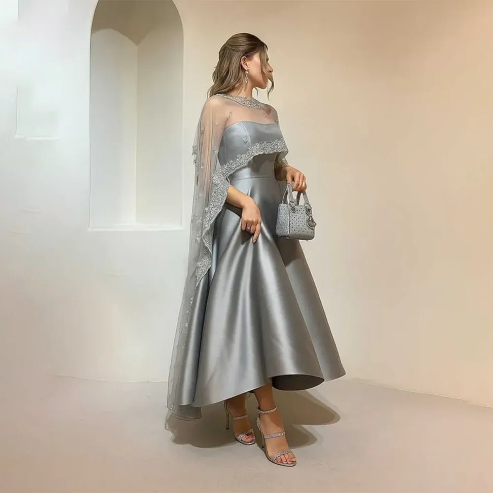 RFYR Marineblaues A-Linie-Satin-Abschlussballkleid mit Umhang, plissiert, knöchellang, für Damen, elegantes formelles Anlasskleid, Abendkleider, individuell gestaltet.