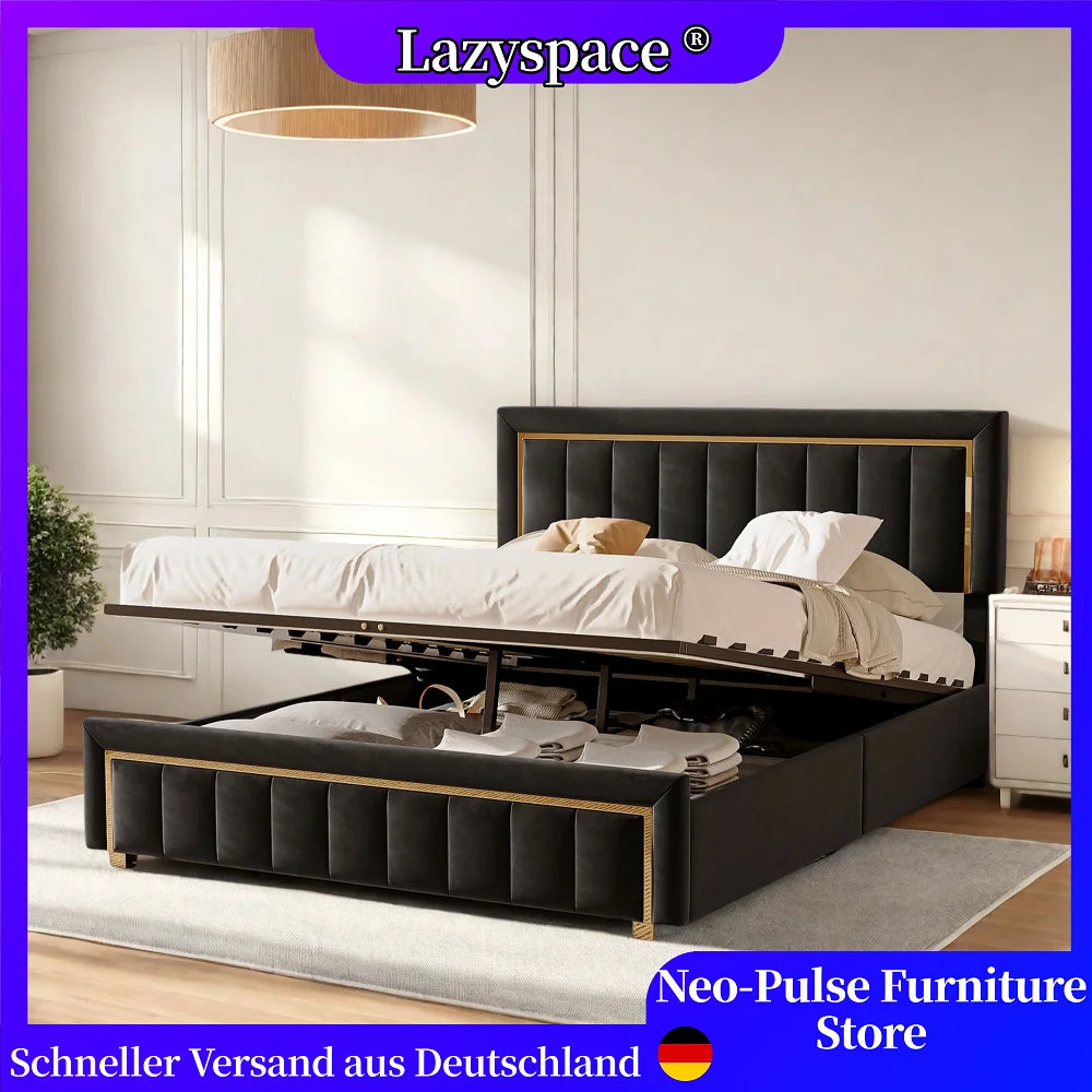 Lazyspace Elegantes Hydraulikbett, samtstoff gepolstertes Doppelbettgestell, mit Stauraum, Bettkasten, Kopfteil mit Lattenrost