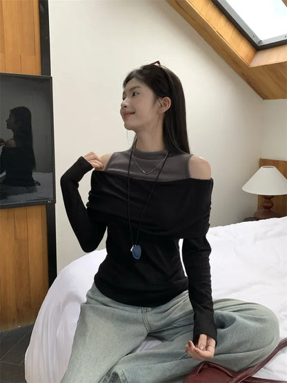 Retro American Shoulder Bared Long Sleeve T Shirt Women Spring Autumn Spicy Girl Fake Two Piece Base Shirt High Collar Polyester.