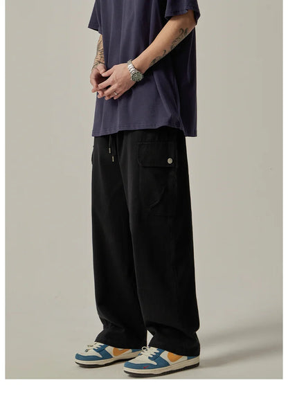 Men's Sweatpants 2025 Spring Autumn Vintage Japanese Wide Leg Straight Loose Button Big Pockets Cargo Pants Drawstring Trousers.