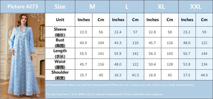 Uni Ramadan Dubai Woman’s Abayas Embroidered Sequin Floral Patter V-Neck Elegant Casual Kebaya Muslim Moroccan Long Dress.