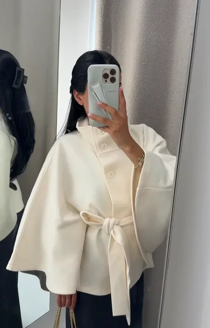 Damen-Jacke aus Wolle mit weißem Bund, elegant, langärmelig, Stehkragen, einreihig, Oberbekleidung, 2025, neuer Straßen-Outdoor-Mantel.