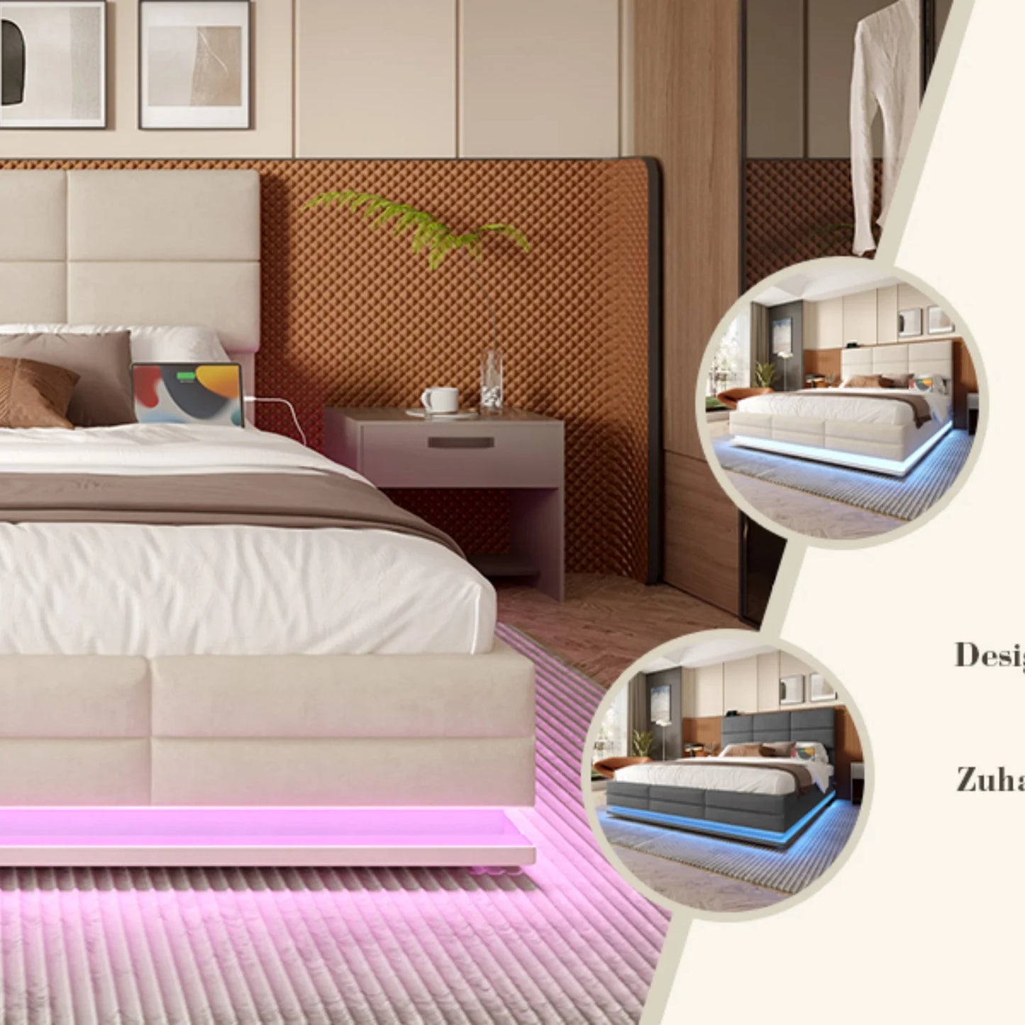 160 x 200 cm großes Bett, modernes, höhenverstellbares Kopfteilbett mit großem Stauraum und LED-Umgebungsbeleuchtung, USB/Typ-C-Verbindungen