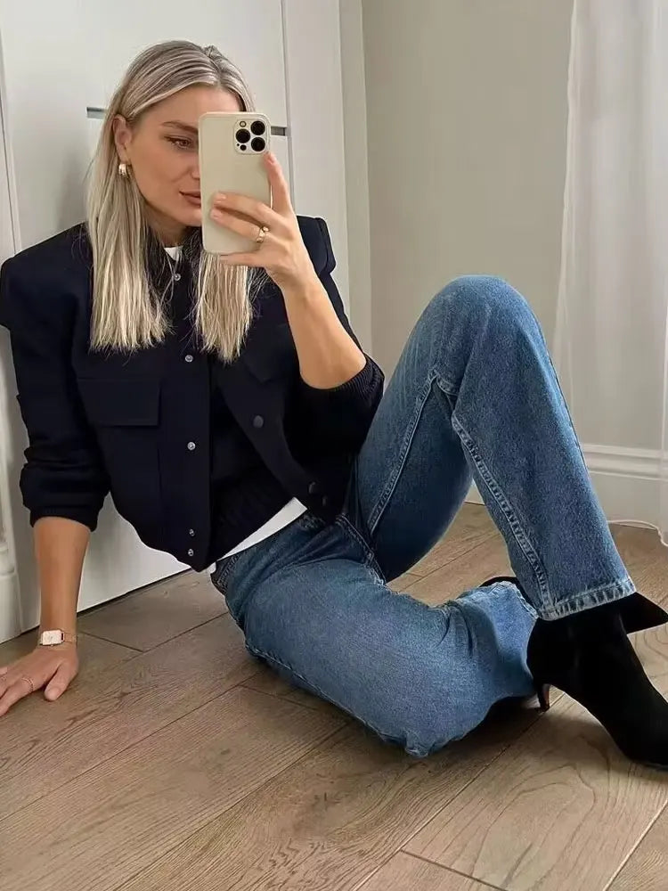 Women Fashion With Pockets Bomber Jacket Coats Vintage Long Sleeve Front Button Casual Female Outerwear Chic Tops.