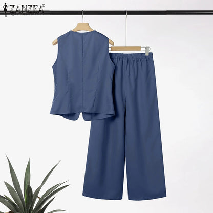 ZANZEA 2025 Summer Outfits Women Fashion Matching Sets V Neck Sleeveless Tanks Tops Trousers Suit 2PCS Solid Work OL Tracksuits.