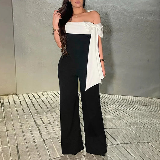 Jumpsuits Spring Summer Fashion Elegant Bowknot Contrast Color Off Shoulder Strapless Full Length Jumpsuits For Women.