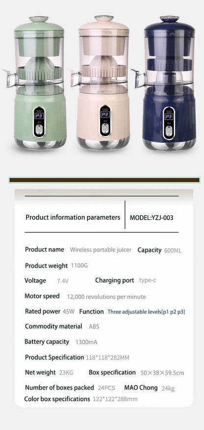 Electric Orange Juicer Portable 600ml Original Citrus Fruit Juice Extractor Lemon Squeezer Machine Smoothie Blender USB Charge