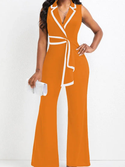 Women's Overalls Outfits Full Length New Fashion 2025 Summer V Neck Elegant Sleeveless Office Lady Jumpsuit Wide Leg Pants