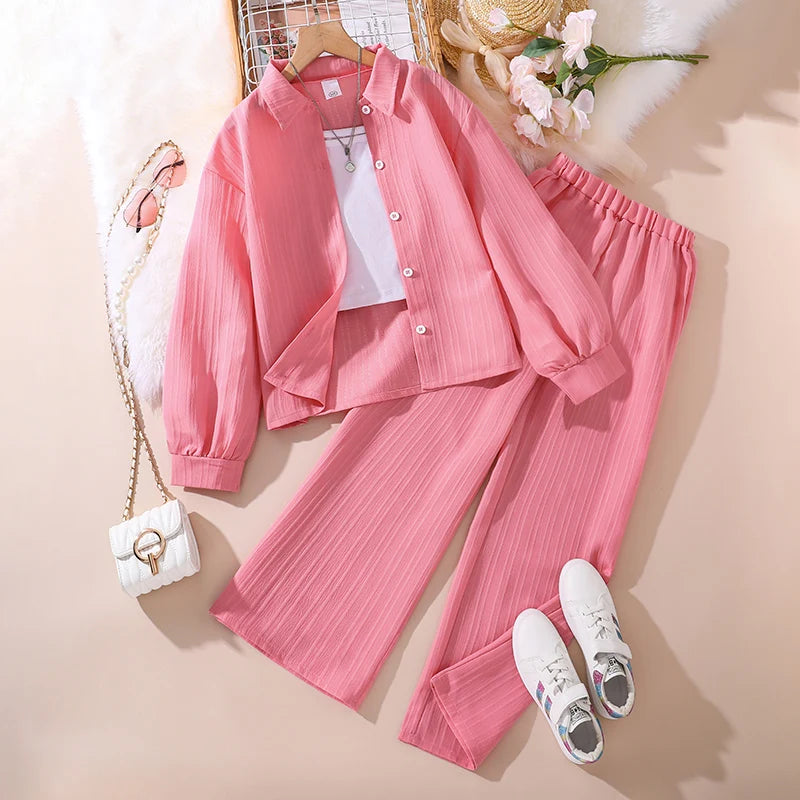 Girls Sets 4-16 Years Shirt Long-Sleeved Coat + Loose Casual Long Pants For Girls Korean Style Suits Summer Fashion Clothes Sets.