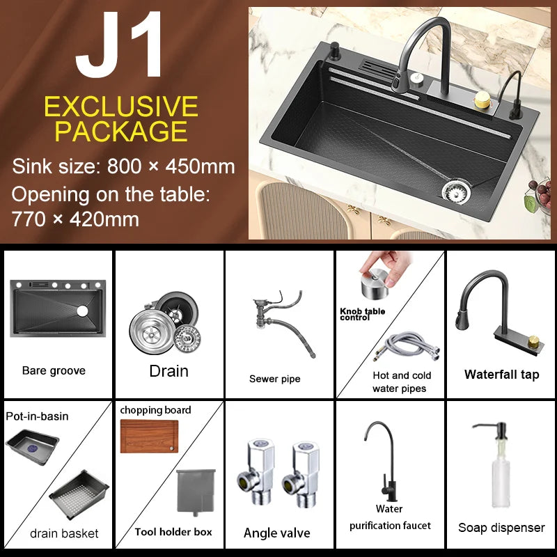 Large Single Slot Embossed Stainless Steel Waterfall Kitchen Sink  Household Wash basin Dishwashing  Sink For Kitchen