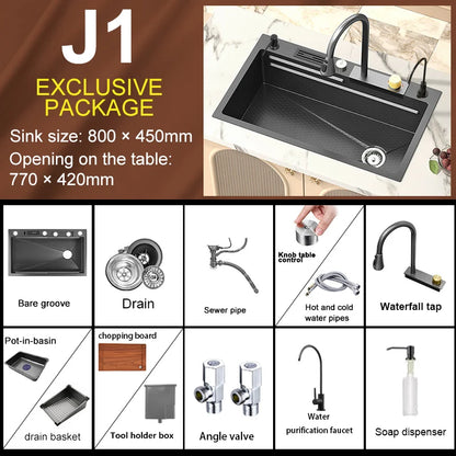 Large Single Slot Embossed Stainless Steel Waterfall Kitchen Sink  Household Wash basin Dishwashing  Sink For Kitchen
