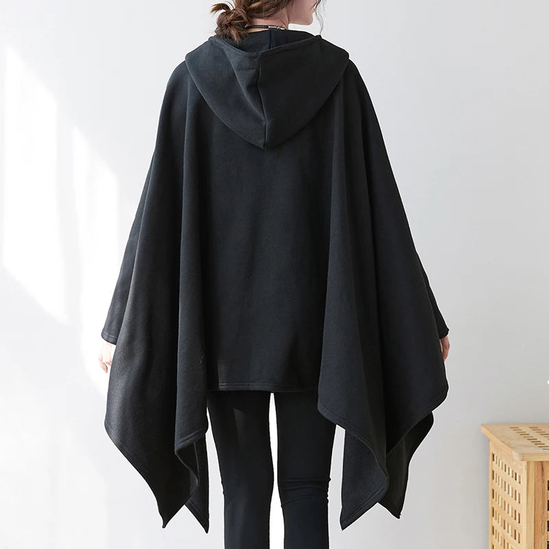 #3342 Black Cape Hoodie Woman Batwing Sleeve Loose Asymmetrical Hoodies Sweatshirts Pockets Thick Long Hooded Sweatshirt Femme.