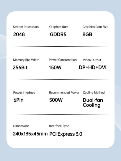 MOUGOL AMD Radeon RX580 8GB Graphics Card GDDR5 Memory 2048SP 256Bit PCI-E3.0x16 GPU DP DVI for Computer Gaming Video Card.