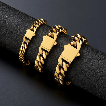 316 Stainless Steel Plated 18k Gold Fashion 8.10.12mm Encrypted Cuban Chain Miami Rap Hip Hop Men's Bracelet Accessory.