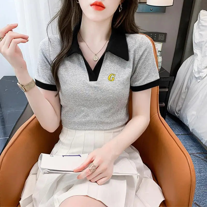 Women's Polo Shirts Slim Female Tee Plain Graphic T-shirts Embroidery Polyester Y2k Fashion Aesthetic Basic Synthetic Luxury New