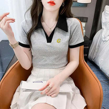 Women's Polo Shirts Slim Female Tee Plain Graphic T-shirts Embroidery Polyester Y2k Fashion Aesthetic Basic Synthetic Luxury New