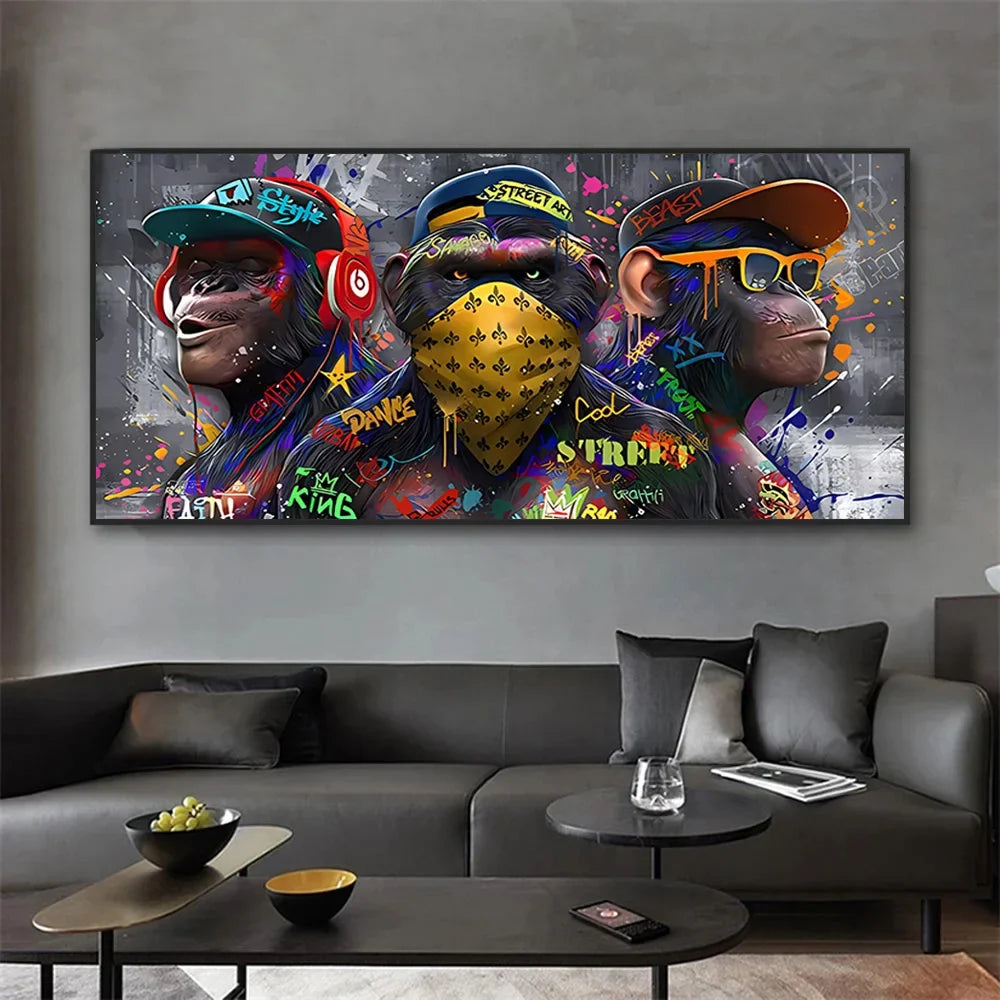 Graffiti Three monkey Wall Art Poster Animal Pop Mural Modern Home Decor Canvas Painting Picture Prints Living Room Decoration.