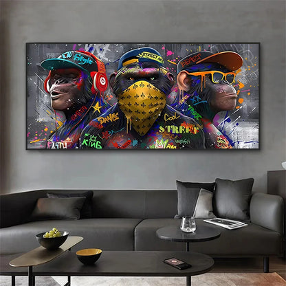 Graffiti Three monkey Wall Art Poster Animal Pop Mural Modern Home Decor Canvas Painting Picture Prints Living Room Decoration.