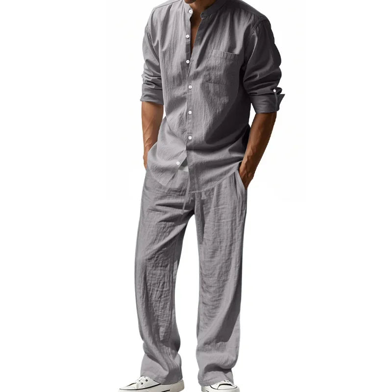 2025 Cross-border American Four Seasons Linen Men's Casual Suit Loose Long Sleeve Pants Shirt Suit Men's.