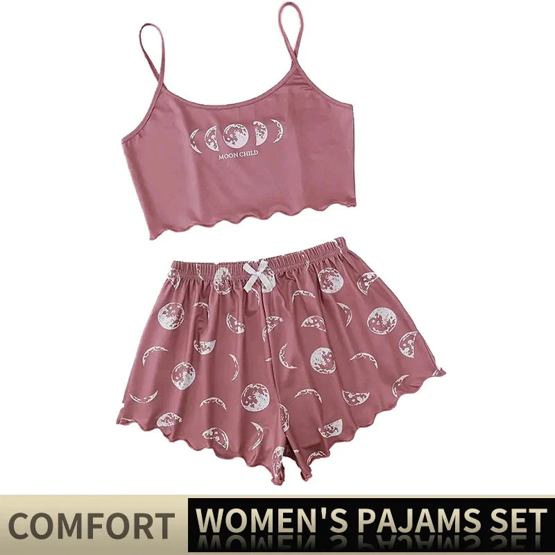 Frauen Pyjama Nachtwäsche Pyjama Set Sport Leibchen und Shorts rosa schwarz Mond und Planet drucken Sommer bequeme Freizeit anzug.