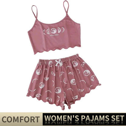 Frauen Pyjama Nachtwäsche Pyjama Set Sport Leibchen und Shorts rosa schwarz Mond und Planet drucken Sommer bequeme Freizeit anzug.