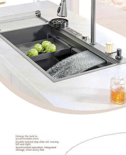 Wasserfall-Küchenspüle aus Edelstahl, extra groß, mit einem Schlitz, multifunktionale Geschirrspülbecken, Unterbaubecken, Tassenwascher