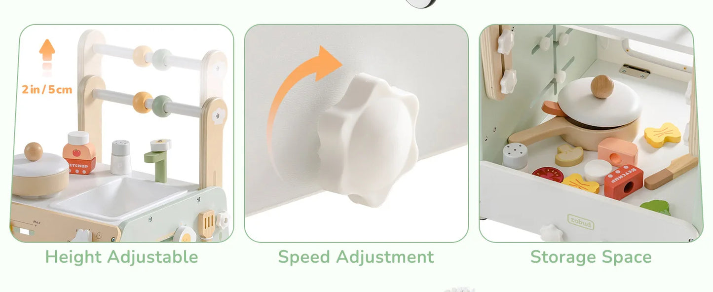 ROBUD Wooden Baby Push Walker Learning Walking Toys Adjustable Height Walker with Decelerator Montessori Toys for Baby age 1+.