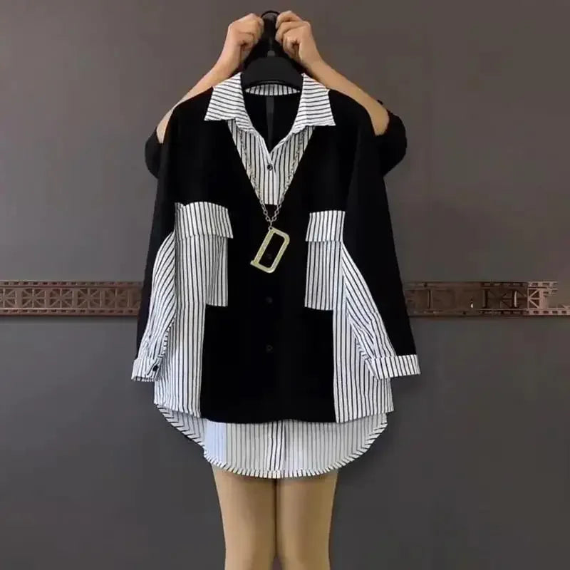 Plus Size Women's Loose-Fit Slimming Medium-Length Color Blocking Striped Shirt Fashionable Top Stylish Hiding Body Shape.
