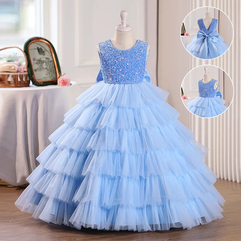 Mode Pailletten Mädchen Prinzessin Kleid Geburtstag Party Mädchen Layered Schwarz Hochzeit Kleid Für Kinder Elegante Klavier Leistung Kleid.