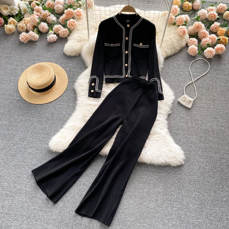 New Autumn Korean Fashion Casual Knit Two Piece Set Women Sweater Cardigan Crop Top + Wide Leg Pant Suits Tracksuit 2 Piece Sets.