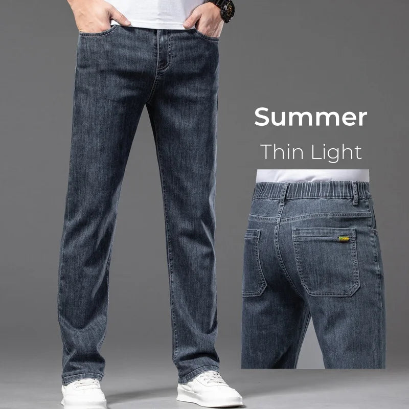 Spring Summer Thin Men's Classic Jeans Elastic Loose Straight Cotton Casual Denim Trousers Brand Clothing Business Male Pants.