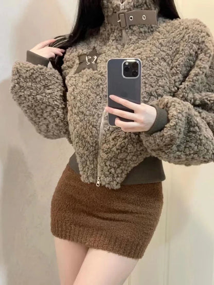 Winter Lamm Wolle Vintage Jacke Frauen Stehen Kragen Faul Wind Casual Zipper Mäntel Langarm 3D Dekoration Lose Geerntete Jacken.