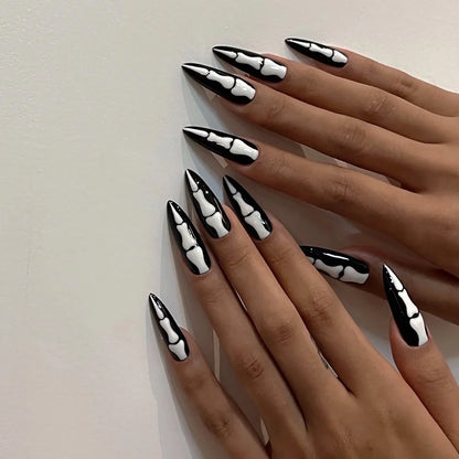 24Pcs Gothic Halloween Press On Nails - Creepy Skeleton Finger Fake Nails, Long Almond Black/White Acrylic False Nails Patches.