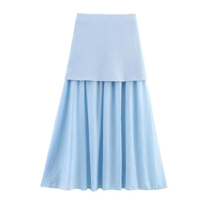 ETJ 2025 spring new  women's elegant fashion same color splicing small pleated hem high waist knit skirt