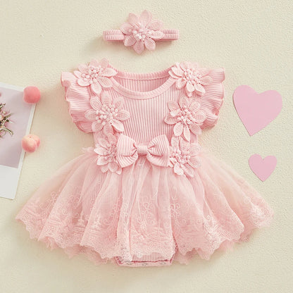 Visgogo Neugeborenen Baby Stram pler Kleid 2 Stück Outfits Mesh Spitze Patchwork Rüschen Bodysuit und Stirnband süße Sommerkleid ung.