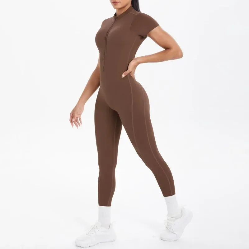 New Women's Yoga Jumpsuit Front Zipper Tight Back Hollow Out Short Sleeve-pants Activewear for Fitness Running Gym Workout