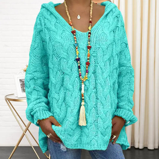 Mit kapuze V-ausschnitt Mit Langen Ärmeln Twist Gestrickte Hoodie Herbst Winter Einfarbig Lose Pullover Jumper Weibliche Kleidung.