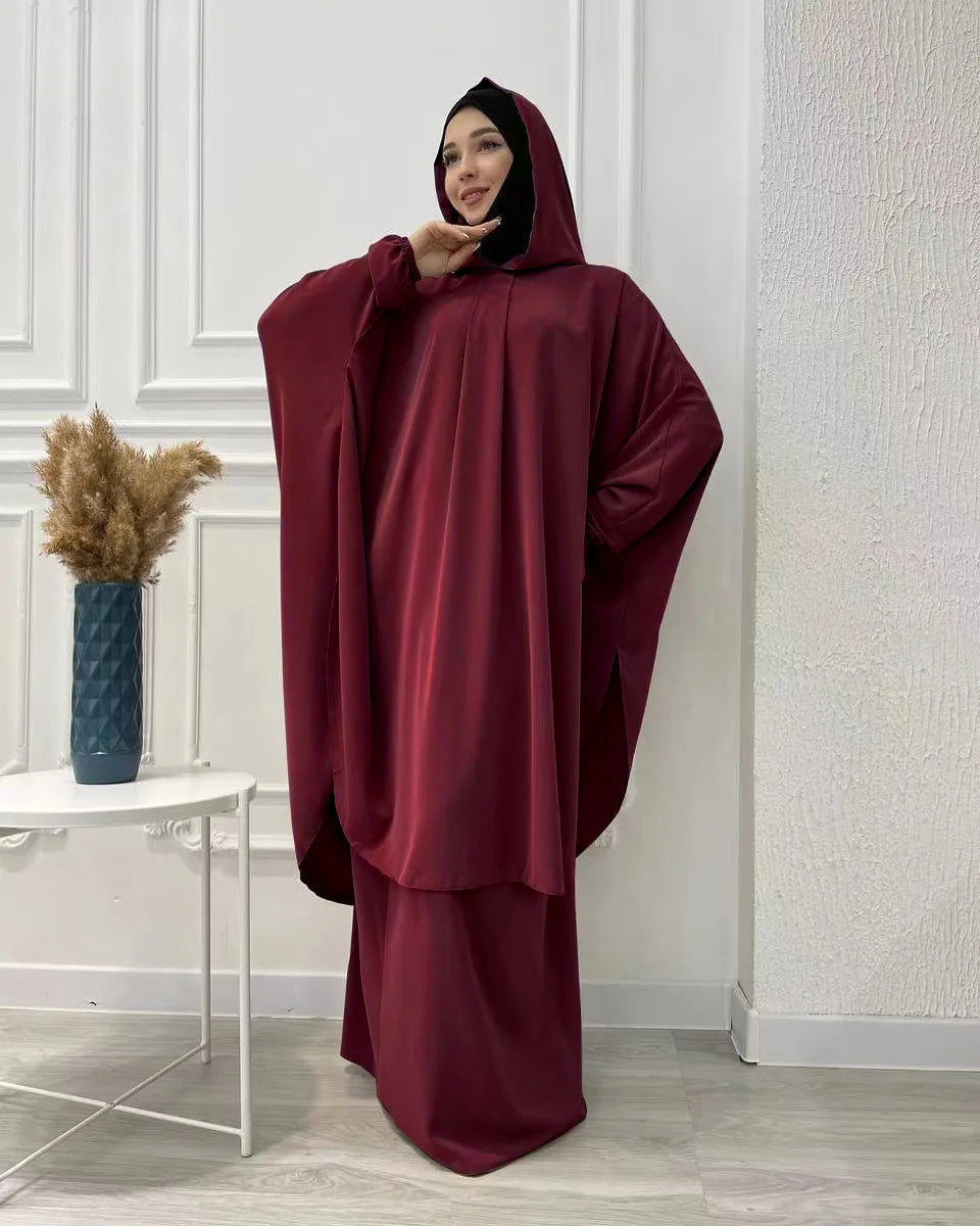 Eid Hooded Abaya 2 Piece Set Long Hijab Khimar Muslim Women Dress Prayer Jilbab Ramadan Gown Abayas Skirt Sets Islamic Clothes.