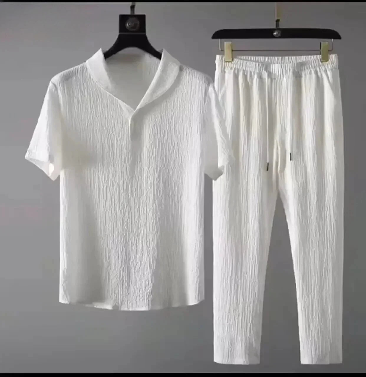 Summer Ultra-thin Five-piece Ice Silk Linen Suit Men's Cotton Linen 2-piece Set Loose-fit Mid-sleeve T-shirt Sports Wear.