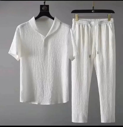 Summer Ultra-thin Five-piece Ice Silk Linen Suit Men's Cotton Linen 2-piece Set Loose-fit Mid-sleeve T-shirt Sports Wear.