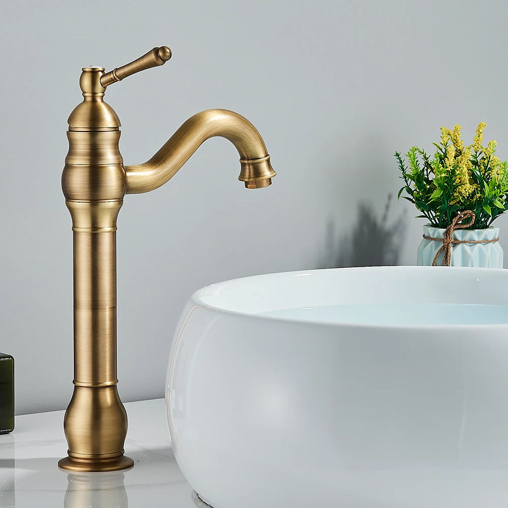 Antique Brass Basin Vessel Sink Faucet Deck Mounted One Hole Cold Hot Water Cold Hot Mixer Tap Bathroom Faucet