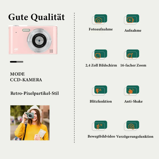 Retro digital camera, CCD camera, multilingual settings, gift for kids, students, 64GB SD card, pink.