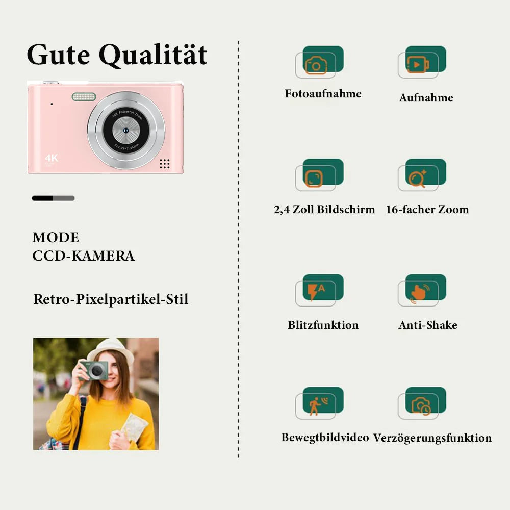 Retro digital camera, CCD camera, multilingual settings, gift for kids, students, 64GB SD card, pink.