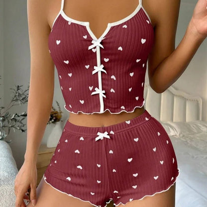 Sexy Nachtwäsche Frauen Pyjamas Set Herz Druck Seide Fleck V-ausschnitt Ärmellose Casual Cami Top und Shorts Sets Hause Anzug Loungewear.