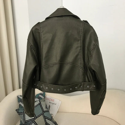 Neue Frühjahr Frau Faux Leder Jacke Chic Vintage Amerikanische straße tragen Kurze Revers Zipper Gürtel Biker Mäntel Mode Streetwear.