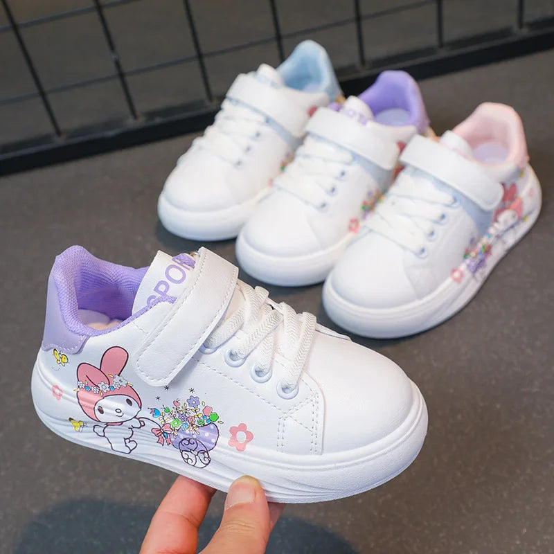 Baby Girls White Shoes Kids Casual Sneakers Cartoon Soft Breathable Fashion Children White PU Leather Shoes Size 26-37.