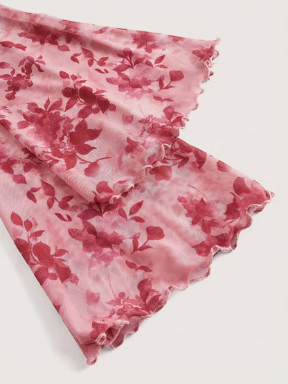 Summer Women's Y2k Floral Printed Sweet V-Neck T-shirts Mesh Beach Party Dress Top Flare Sleeve Square Collar Lace Up Shirt 2025.