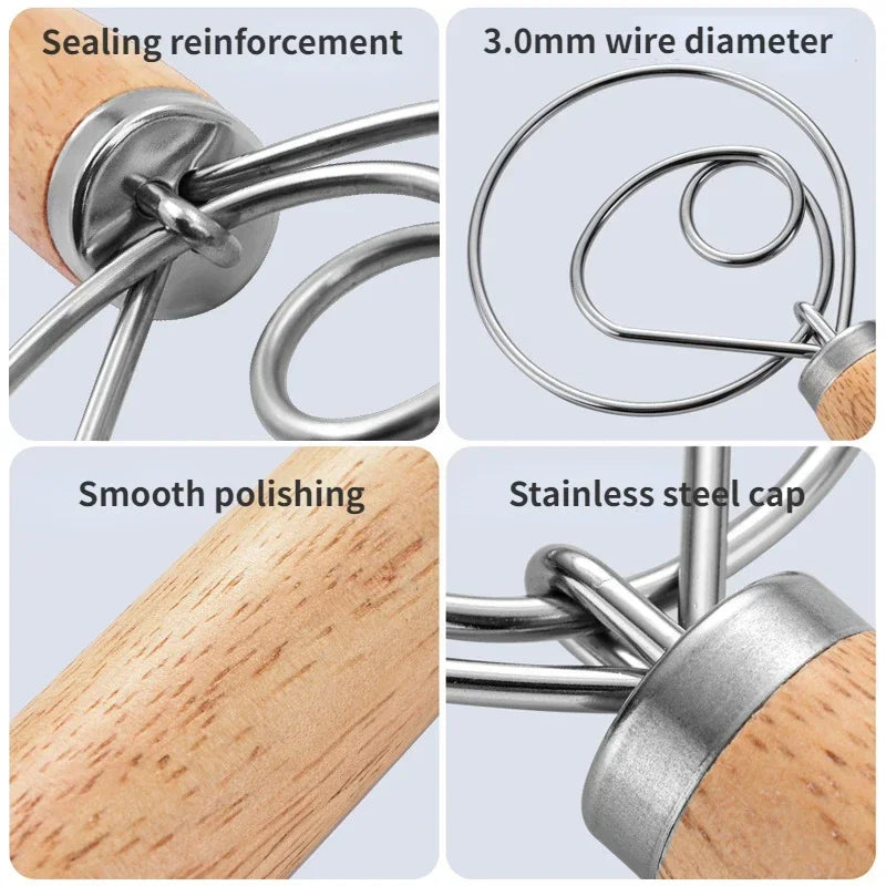 Cake Tools Danish Dough Whisk Stainless Steel Dutch Bread Dough Hand Mixer Wooden Handle Kitchen Baking Tools Artisian Blender.