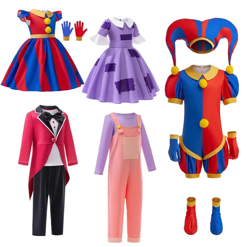 Mädchen Anime Cartoon Pomni Raghata Jax Caine Cosplay Kostüm erstaunliche digitale Zirkus Cosplay Clown Kind Overall Jungen Halloween Anzug.